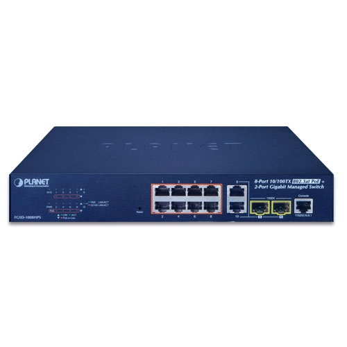 Interruttore Planet FGSD-1008HPS 8x 100Mb 2x RJ-45/SFP 120 W PoE+