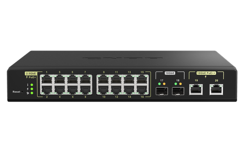 Interruttore QNAP QSW-M2116P-2T2S 16x 2.5Gb | 2x 10Gb 2x SFP+ 280 W PoE+/PoE++